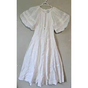 Joslin Linen Puff Sleeve Lace Pintuck Midi Dress Romantic Bridal Boho XS